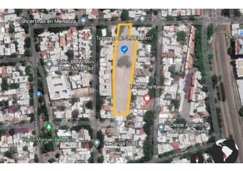 Terreno ubicado en el Departamento de Godoy Cruz provincia de Mendoza. Gran destino Internacional. Superficie total de 3.793,21 mts2. Parcela de características urbanas, con acceso directo desde la calle 25 de Mayo, Titulo perfecto, no presenta edificaciones ni mejoras. Localizado a 300mts del Complejo Villa Mediterránea, a 450 mts del Edificio Curvo de 22 pisos de altura CIOFFI (CIRCLO MEDICO) .